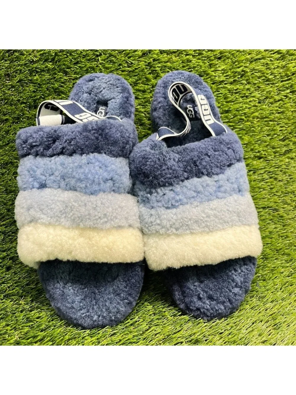 UGG Fluff Yeah Slide Womens Size 12 Blue White Casual Comfort Slip On Slippers
